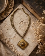 Vintage Hammered Brass Tone Geometric Pendant Necklace Artisan Brutalist