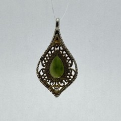 Vintage TAIWAN Teardrop JADE Genuine DIAMOND Silver & Gold Plate Pendant