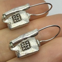 Vtg Boho Mosaic Tile Silvertone Leverback Drop Earrings