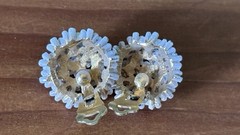 Vintage ART White Enamel Daisy Cluster Clip On Earrings Pastel Rhinestones 1”