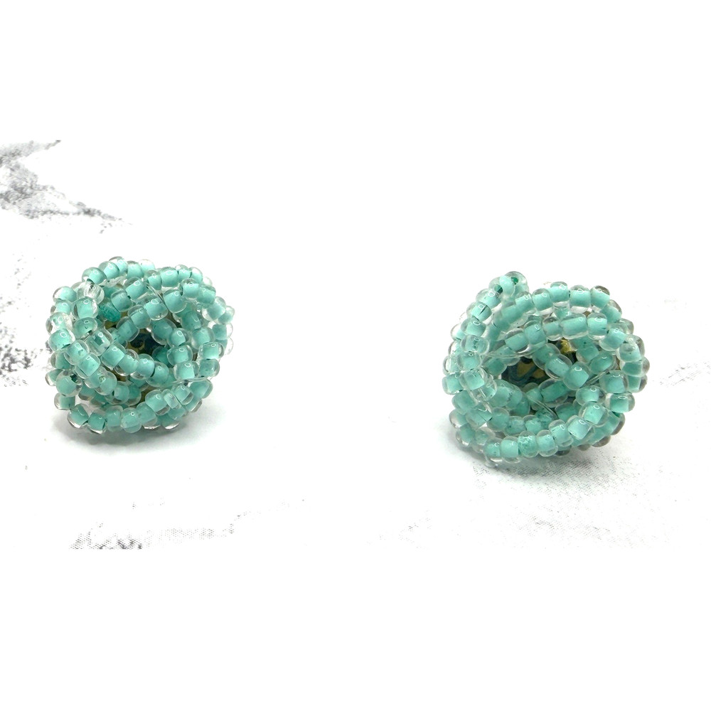 Vintage Aqua Glass Bead Cluster Stud Earrings Coiled Beaded Rosette 3/4″