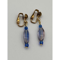 Vintage Gold Tone Blue Clear Beaded Dangle Drop Clip On Earrings