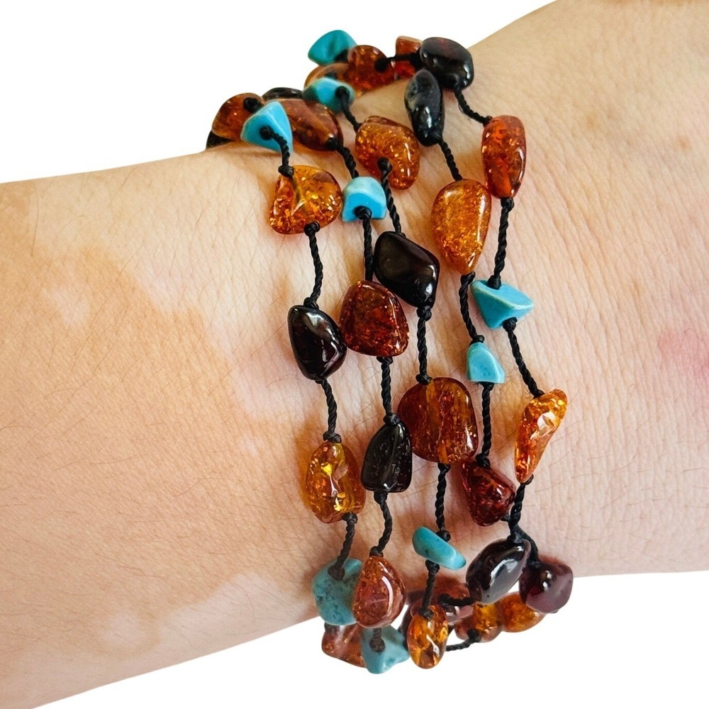 Baltic Amber Turquoise Bracelet multi strand BOHO Genuine Natural Beads 6.5″L