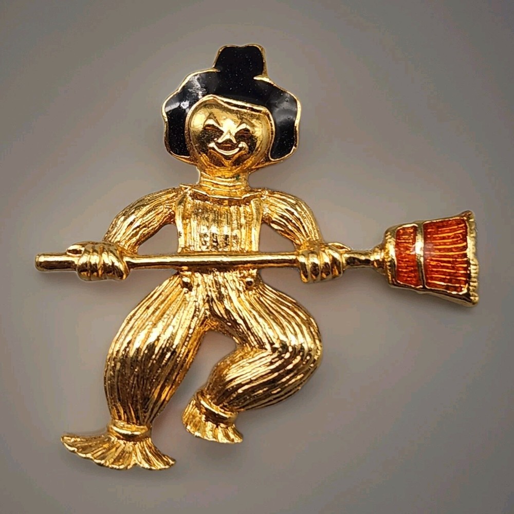Vintage Scarecrow Halloween Brooch Scatter Pin Gold Tone Broom Orange Black Avon