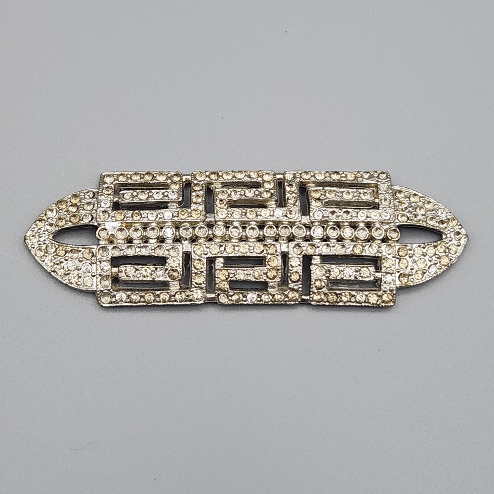 Vtg Apex Pot Metal Brooch Art Deco Bar Pin Rhinestones Large Silver Tone READ