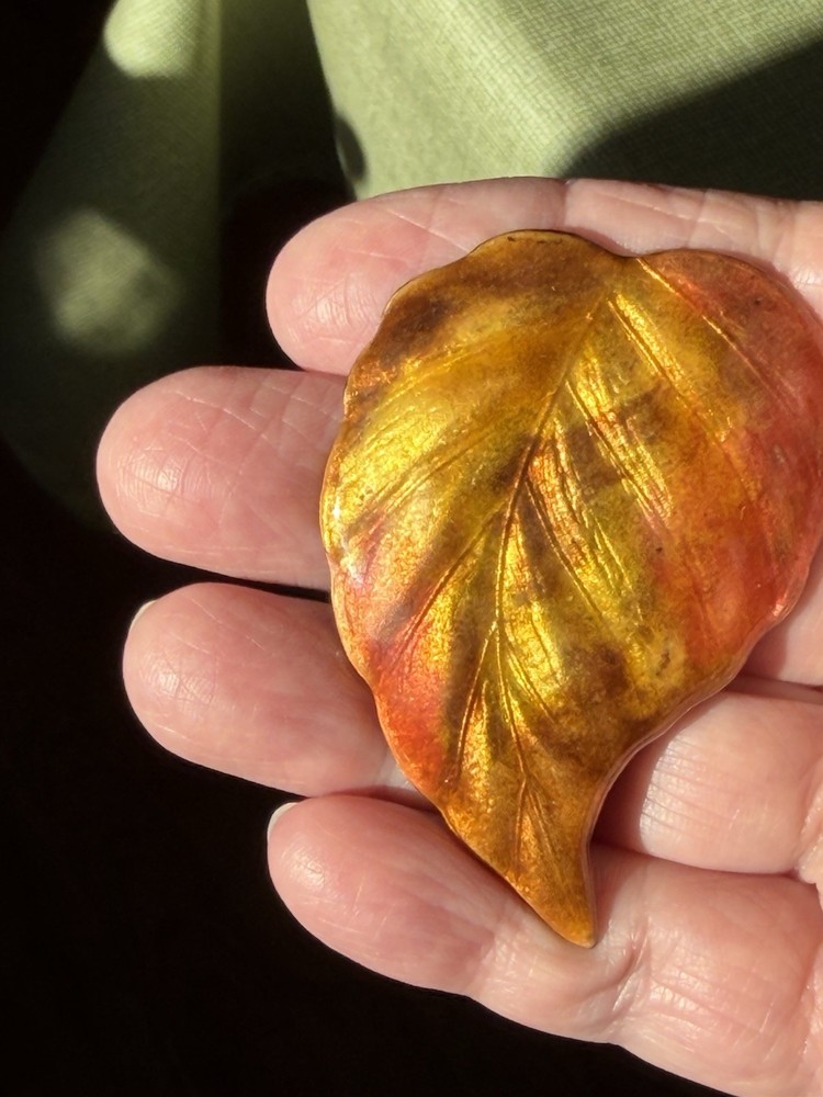 Vintage Enamel On Copper Leaf Brooch