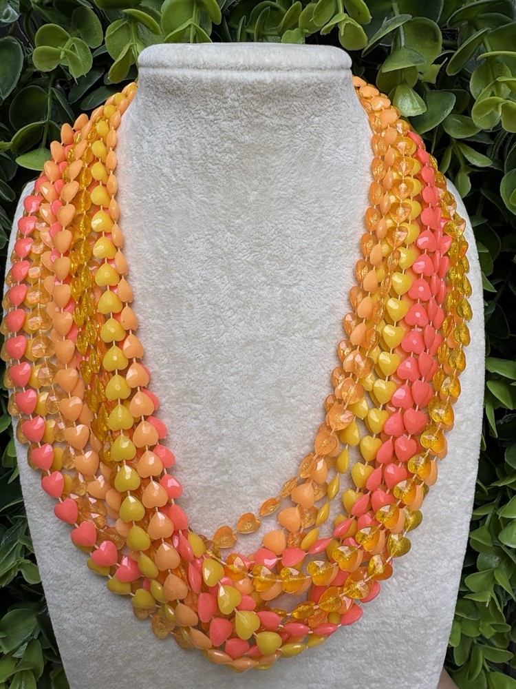 Vintage 1970s Multi-Strand Heart Bead Necklace + Clip-On Earrings Set Orange