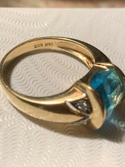 VINTAGE 14K YELLOW GOLD CHECKERBOARD PRISM CUT BLUE TOPAZ DIAMONDS RING DESIGNER