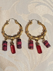 Vintage Bohemian Wire Wrap Red and Maroon Beads Hoop Earrings