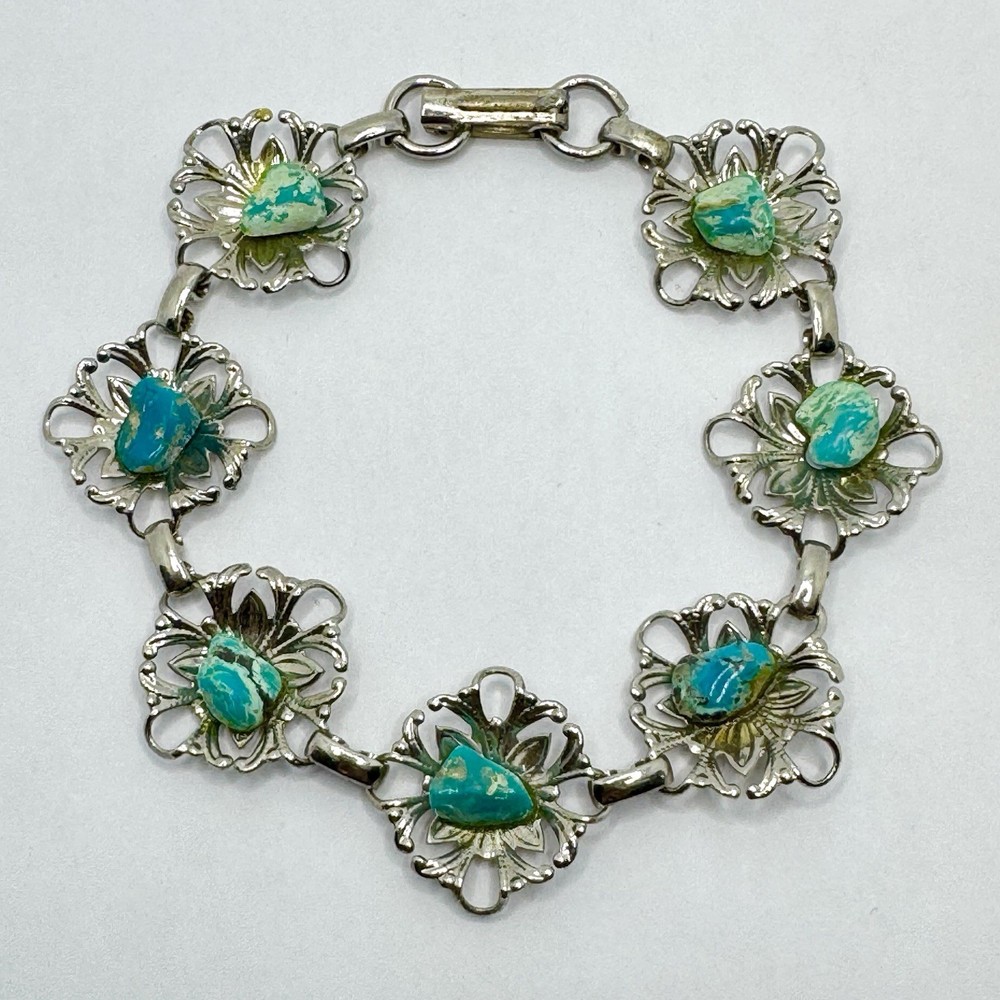 Vintage 60’s TURQUOISE Stones Nuggets Silver Tone Southwestern Western Bracelet