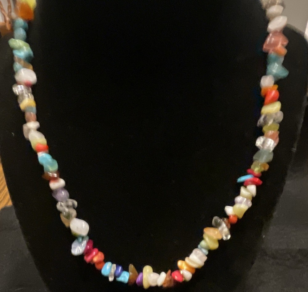 Boho Retro Natural Gemstones Chip Beaded Necklace lobster adjustable 18”