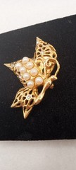 Filigree Butterfly brooch, Faux Pearls, Rhinestones, Vintage Gold Tone