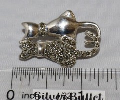Vintage Sterling Silver Two Intertwined Cat Tails Marcasite Brooch Pin 6 grams