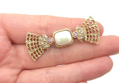 Vintage 1928 Gold Tone Faux Pearl Pink Rhinestone Lattice Lace Bow Brooch Pin