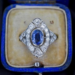 Art Deco Style Lab Created Diamond & Sapphire Engagement 14K White Gold FN Ring