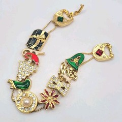 Vintage Christmas Slide Charm Bracelet Gold Tone Rhinestones Enamel Tree Gift 7″