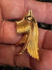 Vntg Lind Gal Scottie Dog Scottish Terrier Head Brooch Gold Tone Green Eyes NOS