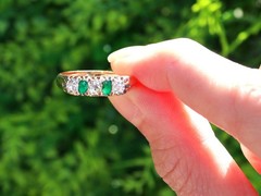 0.30Ct Emerald and 0.60Ct Diamond 14k Yellow Gold Five Stone Ring Circa 1925