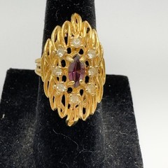 Vintage Cocktail Ring Modernist Dome Purple & Clear Crystals Size 5.5 18KGE