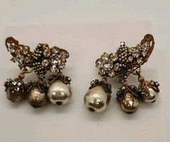 1940’s Signed Miriam Haskell Faux & Seed Pearl Dangle Clip On Earrings