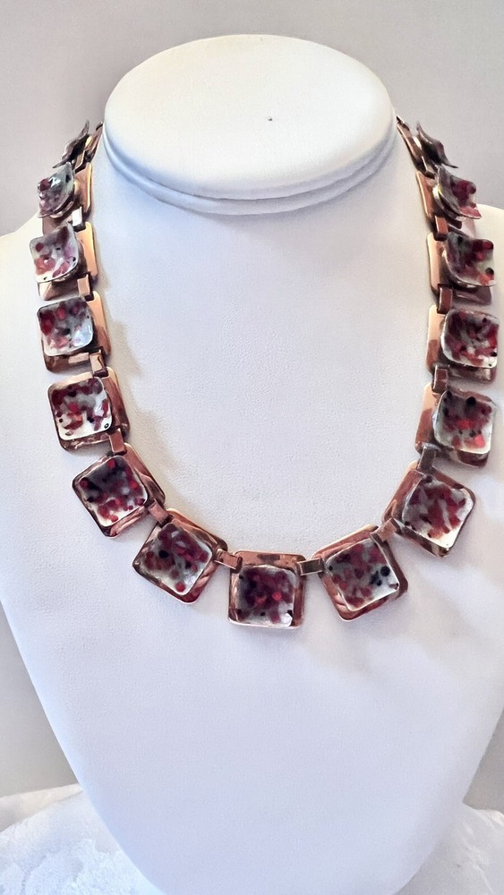Vintage Copper Panel Renoir Necklace Red White Hook Closure