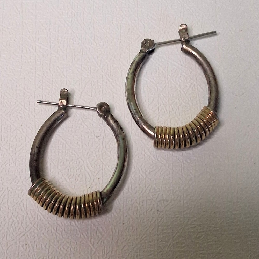 Two Tone Silver Gold Hoop Earrings Wrapped Wire Coil Hinged Saddleback Vintage