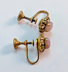 Vargas 50s Vintage Pink Fire Opal & Rhinestone Screwback Earrings Gold tone