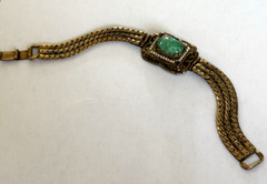 Antique Gold Tone Faux Gem Pearl Cabochon Rhinestone Statement Panel Bracelet