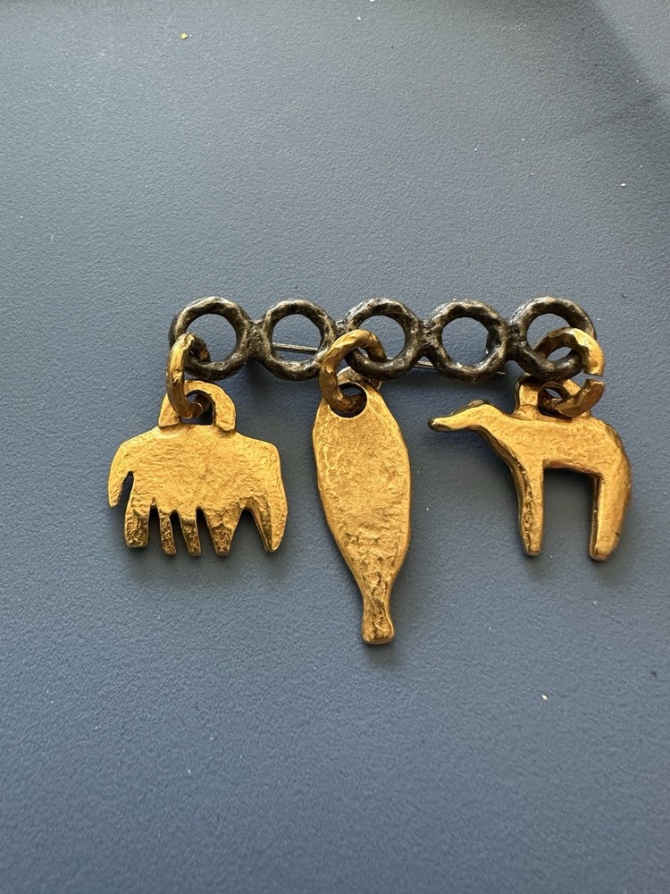 VTG 2” PEWTER AND GOLD PLATED PRIMITIVE STYLE PIN – COSTUME JEWELRY