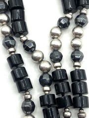 Vintage Sterling Silver Black Onyx Beads Necklace 36” Long