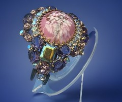 Vintage Husár D Czech Glass Rhinestone Bracelet – Pink Cabochon Statement Signed