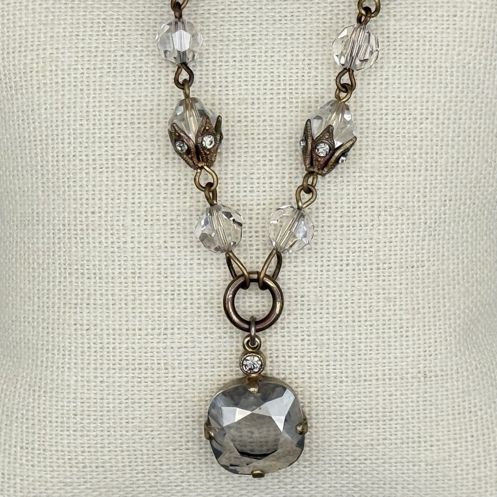Vintage Catherine Popesco Crystal Bead Drop Necklace Antiqued Gold Tone 18″