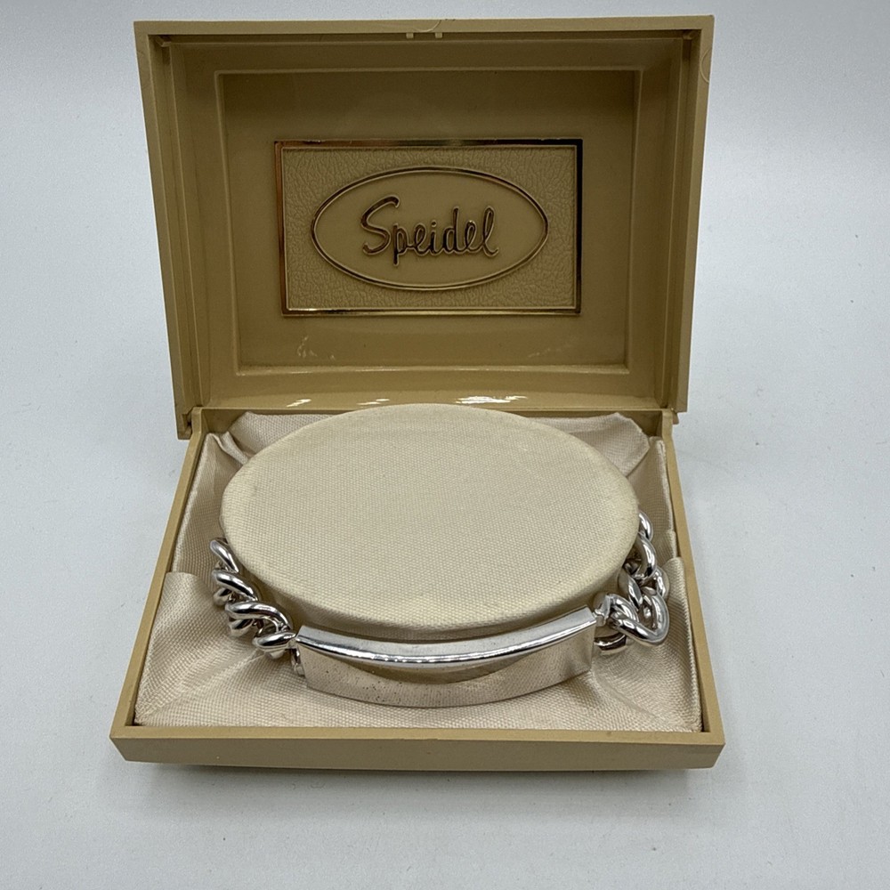 Vintage Speidel Sterling ID Bracelet 8.5” Sterling Top Stainless Chain Box