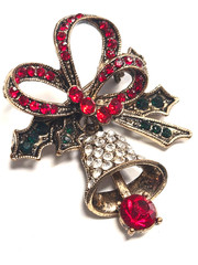 Modern Festive Rhinestone Christmas Holly Dangle Bell With Ribbon Pin / Brooch