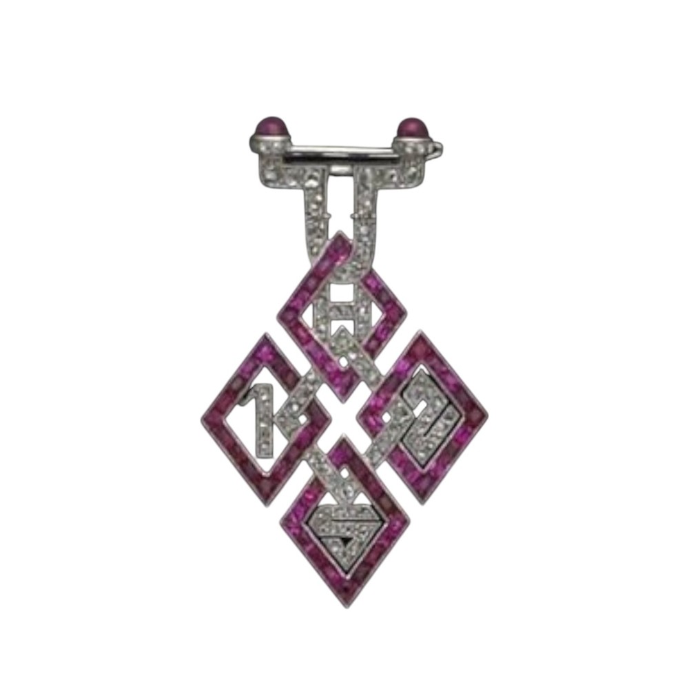 Square Shape Ruby and Studded CZ 925 Sterling Silver Evening Wear Pin Brooch