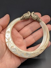 Vintage Carved Mother of Pearl Bib Necklace and Elephant Head Bangle Bracelet