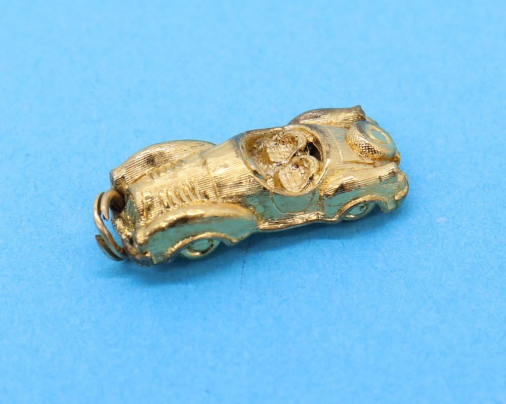 Vintage Yellow Tone Gold Wash Sports Race Car Charm Pendant