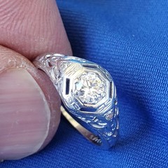 Original EARTH MINED DIAMOND Deco Engagement Ring 18K WHITE GOLD Solitaire S 6