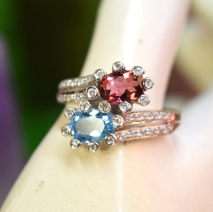 Estate 14K White Gold Toi et Moi Pink Tourmaline Blue Topaz Ladies Diamond Ring