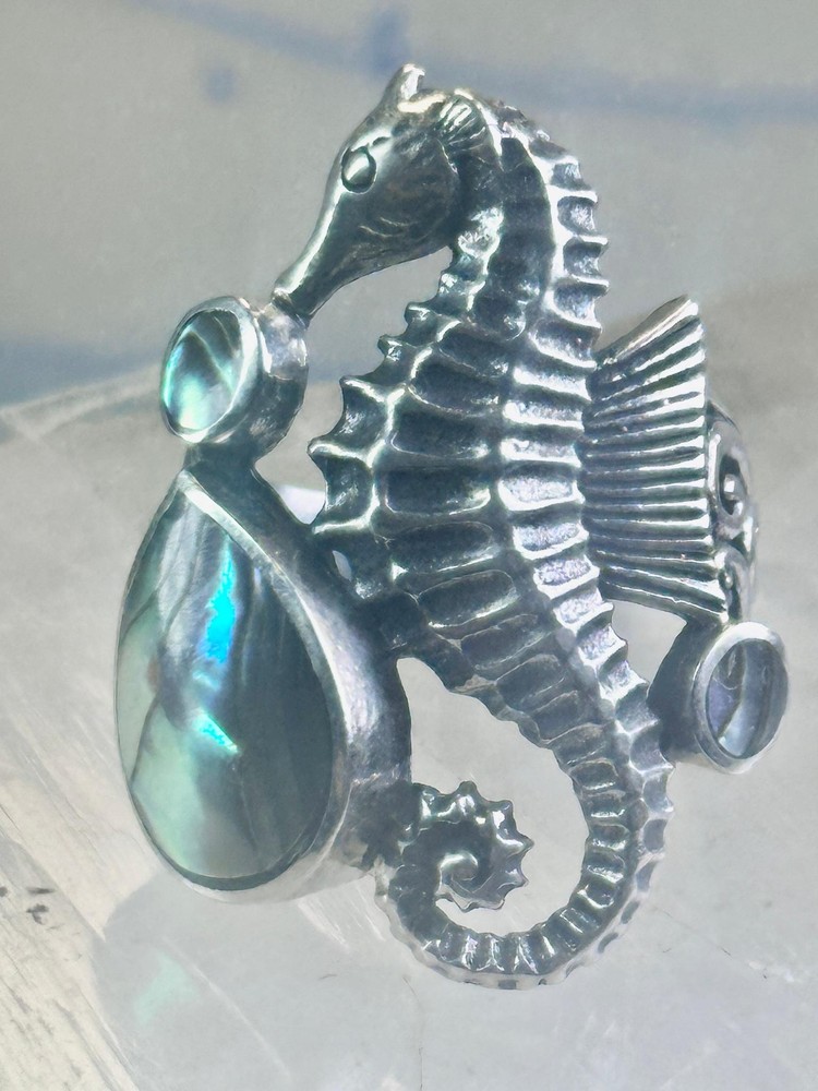Vintage Seahorse ring animal abalone band size 6 sterling silver women
