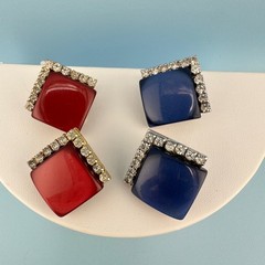 Vintage Coro Art Deco Earrings Lot Blue Red Thermoset Rhinestone Clip On Signed