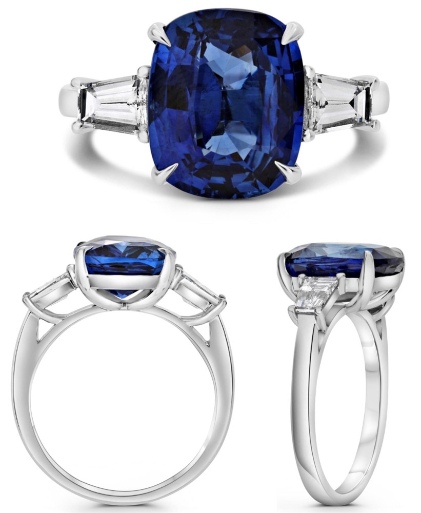 LARGE 6.64CT DIAMOND & AAA SAPPHIRE PLATINUM 3D CUSHION & TAPERED BAGUETTE RING
