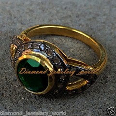 Gorgeous 0.89ctw Rose Cut Diamond Emerald Studded Silver Victorian Ring Jewelry