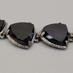 Vintage Bracelet Black Onyx Stone Linked Faceted Chunky Panel Silver Tone 7″