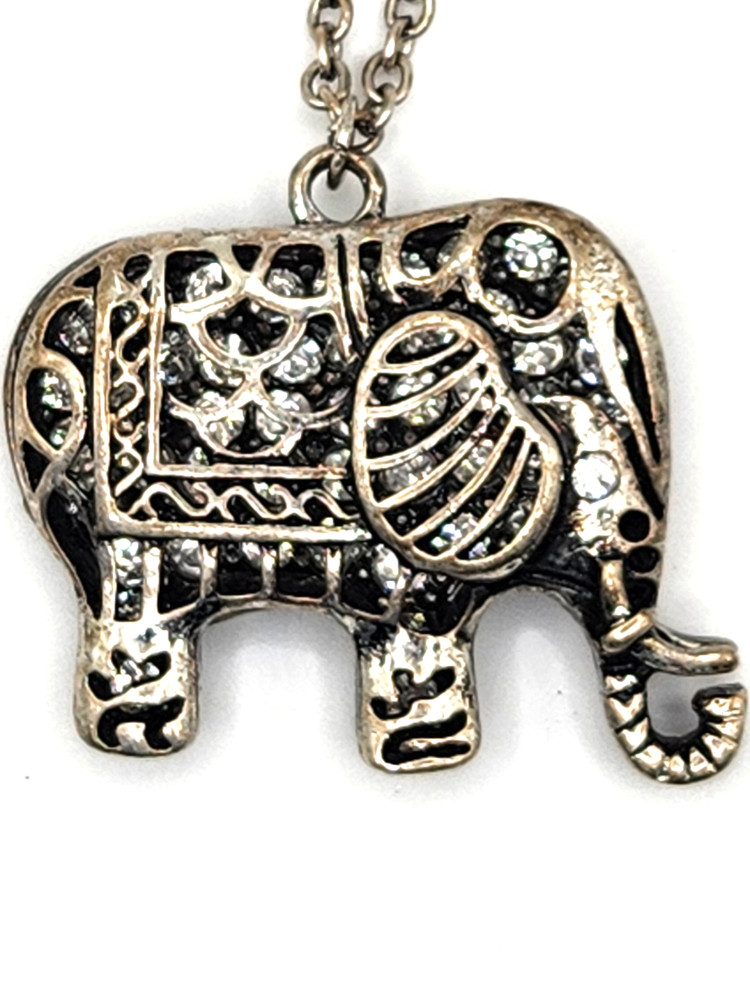 Vintage Large Silver Clear Rhinestone Accents Elephant Pendant Open Silver 24″