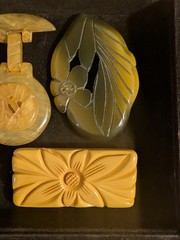 7 Vintage Bakelite Large Carved Pins, etc. Great colors, hand carved!