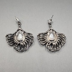 Purple Rhinestone Dangle Earrings 2″ Art Deco Fan Statement Gunmetal Boho