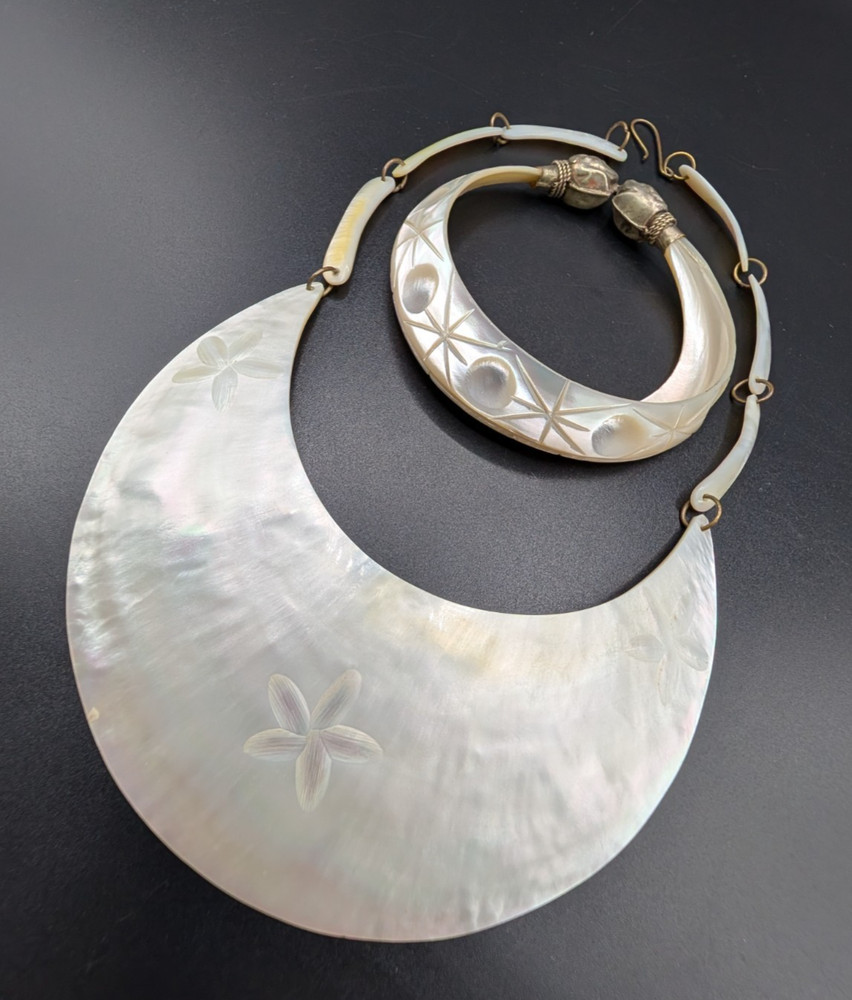 Vintage Carved Mother of Pearl Bib Necklace and Elephant Head Bangle Bracelet