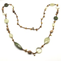 Vintage Green Glass Stone & Mother Of Pearl Beaded Long Strand Necklace 46″