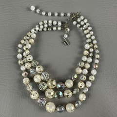 Vintage Beaded Necklace 3 Strand White Lucite AB Crystal Gold Fleck 15″